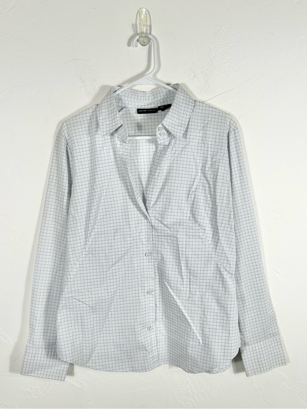 New York & Company Stretch Blouse Large White Blue Grid Check Button Down Shirt